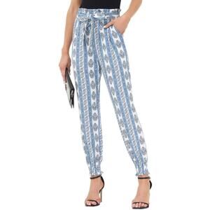 Grace Karin Pants Jogger Size XL High Elastic Waist Belt Stretch Blue White NEW